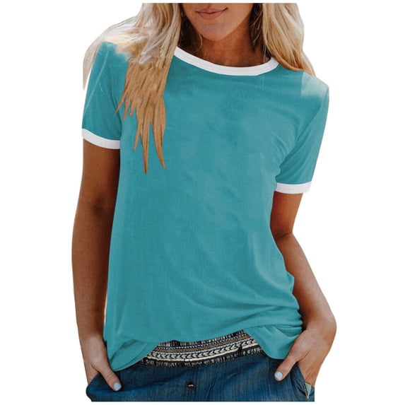 HAPIMO Women's Trendy Loose Tops Raglan Tunic Crew Neck Pullover for Teen Girls Summer Solid Color Patchwork Elegant Casual Plus Size Blouses Short Sleeve Blue XXL