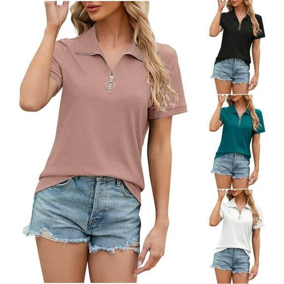 HAPIMO Women's Trendy Loose Tops Tunic Short Sleeve Elegant Casual Relaxed Blouses for Teen Girls Quarter Zipper Pullover Solid Color Summer Tees Black XL