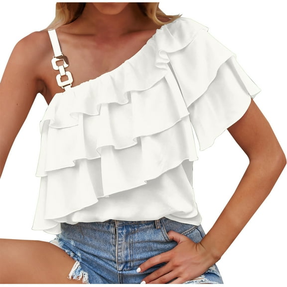 HAPIMO Women's Trendy Loose Tops Tunic Sleeveless One Shoulder Ruffle Pullover Elegant Casual Relaxed Blouses for Teen Girls Summer Tees Solid Color White M