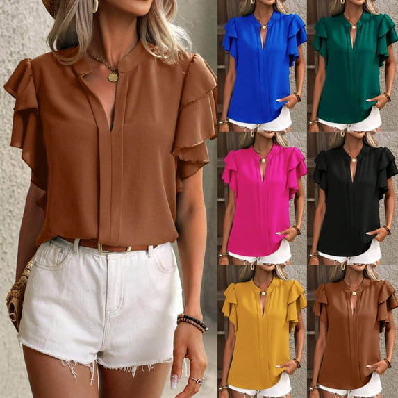 HAPIMO Women's Trendy Loose Tops Tunic Solid Color Summer Tees Ruffle Sleeve V Neck Pullover Elegant Casual Relaxed Blouses for Teen Girls Black XL