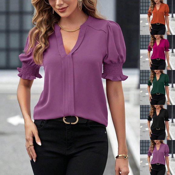 HAPIMO Women's Trendy Loose Tops Tunic Solid Color V Neck Pullover for Teen Girls Summer Tees Ruffle Sleeve Elegant Casual Relaxed Blouses Black XL