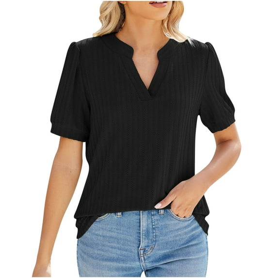 HAPIMO Women's Trendy Loose Tops Tunic Clearance Summer Tees Short Sleeve for Teen Girls Elegant Casual Relaxed Blouses V Neck Pullover Solid Color Black XL