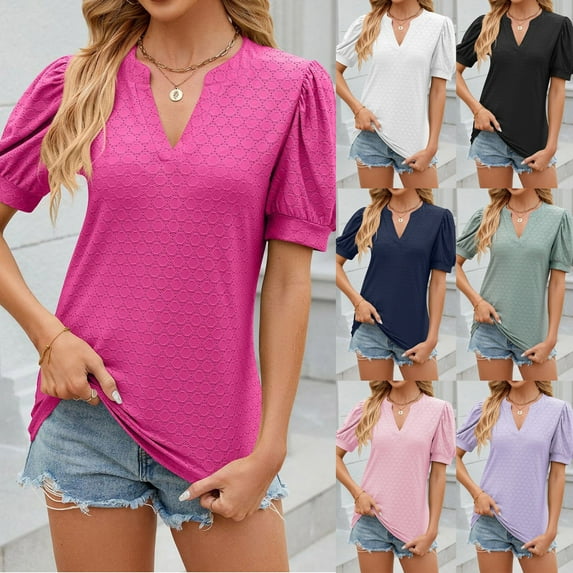 HAPIMO Women's Trendy Loose Tops Tunic Elegant Casual Relaxed Blouses for Teen Girls V Neck Pullover Solid Color Ruched Summer Tees Short Sleeve Black XL