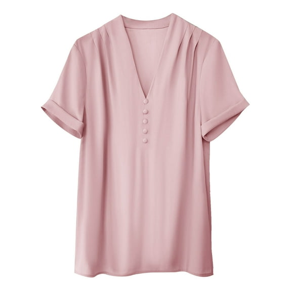HAPIMO Women's Trendy Loose Tops Tunic Summer Tees Short Sleeve V Neck Button Pullover Elegant Casual Relaxed Blouses for Teen Girls Solid Color Pink M