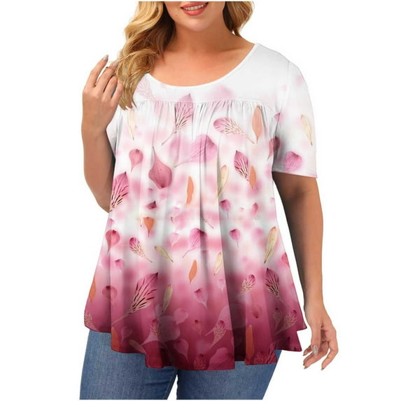 HAPIMO Women's Trendy Plus Size Loose Tops Clearance Summer Lace Crochet Splicing Sale Solid Tees Fashion Clothing Round Neck Pullover Short Sleeve Shirts Pink XL