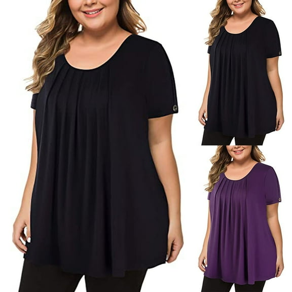 HAPIMO Women's Trendy Plus Size Tops Dressy Tunic Short Sleeve Solid Color Ruched Summer Tees Round Neck Shirts Casual Relaxed Workout Blouses for Teen Girls Black L