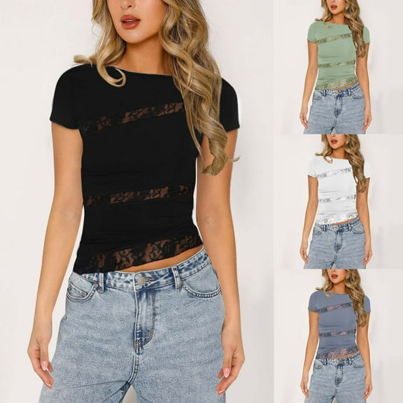 HAPIMO Women's Trendy Slim Basic Cropped Tops Short Sleeve Casual Relaxed Workout Blouses Floral Lace Splicing Crew Neck Shirts for Teen Girls Summer Tees Black L