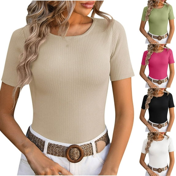 HAPIMO Women's Trendy Slim Basic Tops Short Sleeve for Teen Girls Summer Tees Solid Color Round Neck Pullover Elegant Casual Relaxed Stretch Blouses Black XL