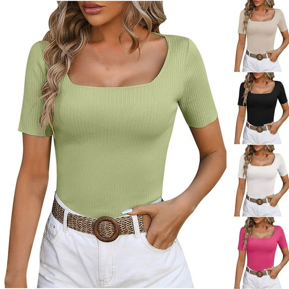 HAPIMO Women's Trendy Slim Basic Tops Short Sleeve Square Neck Pullover Elegant Casual Relaxed Stretch Blouses for Teen Girls Summer Tees Solid Color Black XL