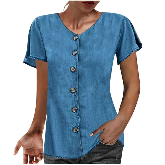 HAPIMO Women's Trendy Solid Color Pullovers Summer Loose Tops Casual Workout Shirts Relaxed Short Sleeve Tees V Neck Button Blouses for Girls Blue XXXL
