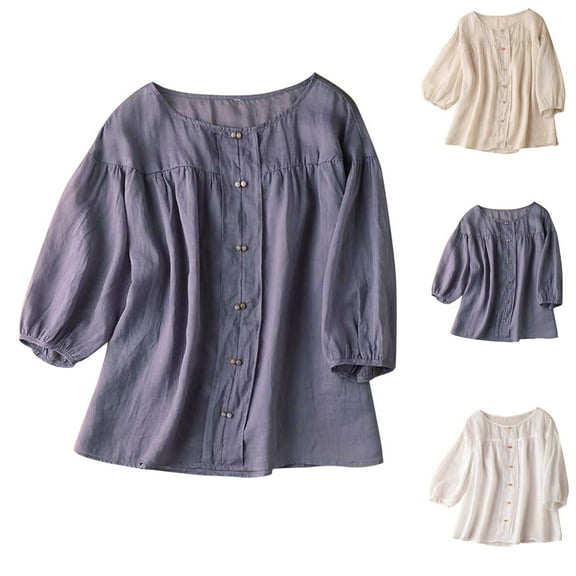 HAPIMO Women's Trendy Solid Color Pullovers Summer Round Neck Blouses Loose Cotton Lined Tops Relaxed Casual Workout Shirts 3/4 Sleeve Tees for Girls White M