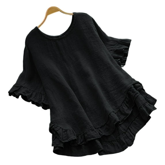 HAPIMO Women's Trendy Solid Color Pullovers Summer Round Neck Button Blouses Loose Cotton Lined Babydolls Tops Clearance Casual Workout Pleated Shirts Ruffle Sleeve Tees Black XL