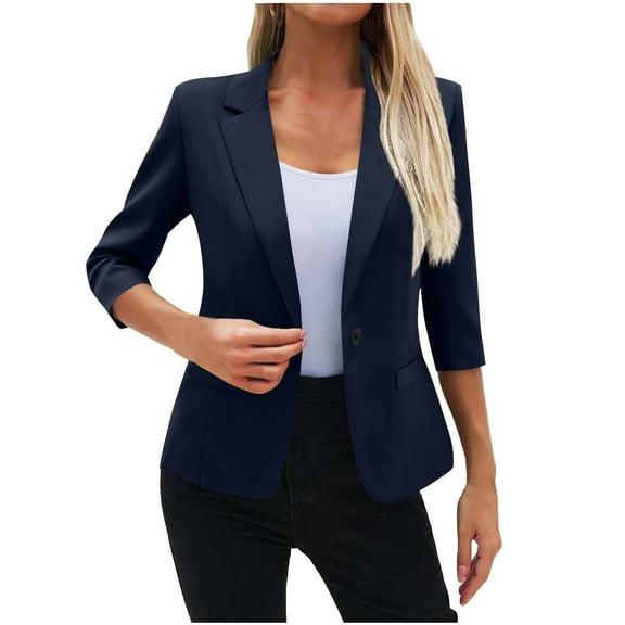 HAPIMO Women's Trendy Suit Jacket 3/4 Sleeve Lapel Collar Cardigan Jacket Slim Fit Solid One Button Blazer Business Office Work Blazer Dark Blue L