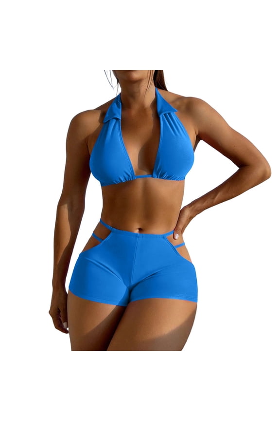 Women’s Tropical Hawaii Swimsuits Halter Bikini Set High Waisted Cutout Boyshorts 2 Piece Summer Beach Bathing Suit for Women Blue S