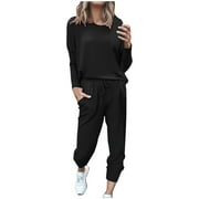 HAPIMO Women's Two Piece Outfit Short Sleeve Pullover with Drawstring Long Pants Tracksuit Jogger Pant Sport Set Sales Black M