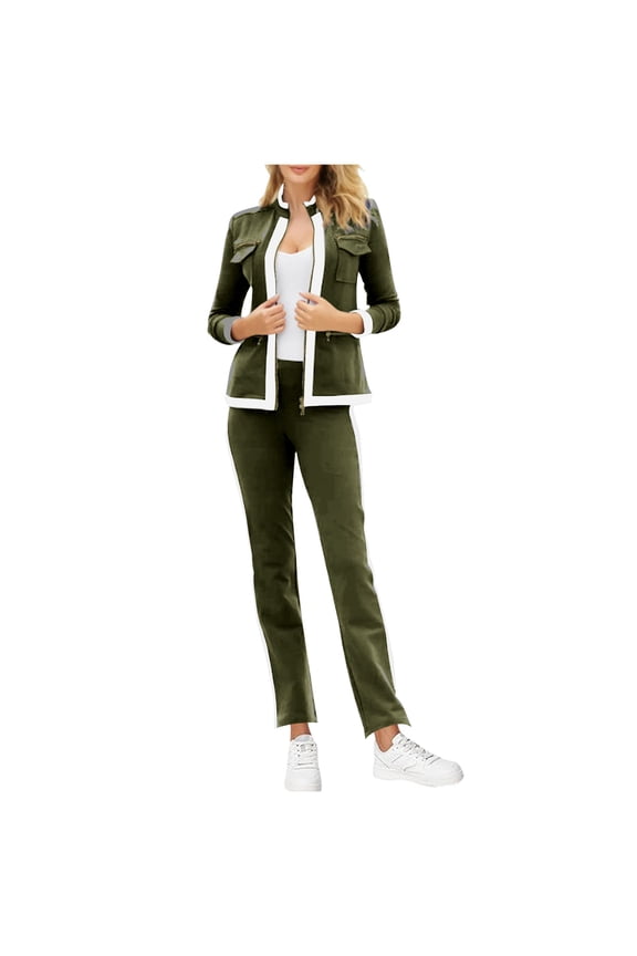 Women's Two Piece Outfits Fashion Tracksuit Sets Solid Zip Up Jacket Long Sleeve High Neck Top with Elastic Waist Straight Leg Pant Army Green L