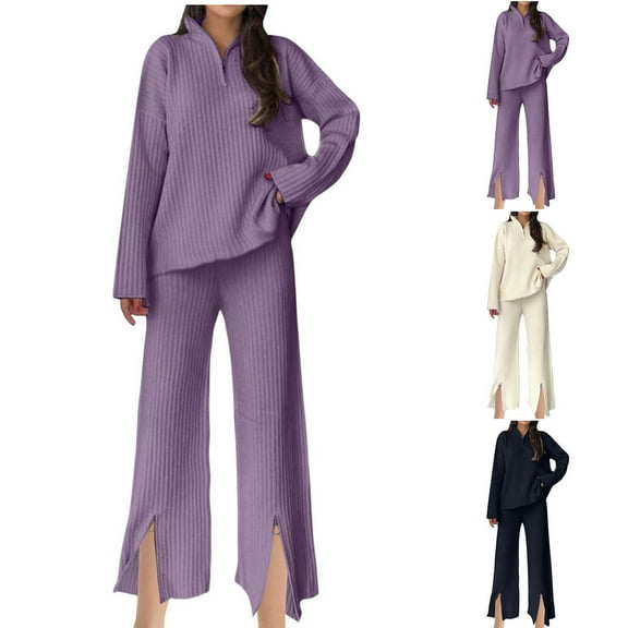 HAPIMO Women's Two Piece Ribbed Wear Set 1/4 Zip Turtleneck Pullover Baggy Slit Joggers Trouser Suits Thermal Knitted Sweaters Outfits Tracksuits Beige L
