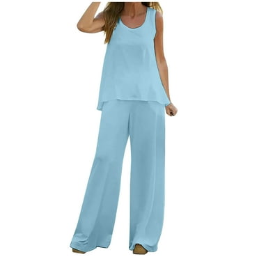 HAPIMO Women's Two Piece Sets with Tops and Cropped Wide Leg Pants Summer Sleeveless Round Neck Leisure Workout Sports Loose Solid Comfy Trousers for Girls Blue S
