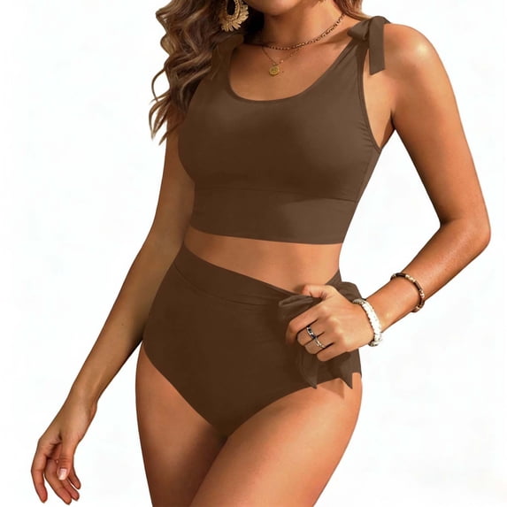 HAPIMO Women's Two Piece Swimsuit Tie Detail For Beach Vacation And Pool Days Ideal For Summer Water Activities Brown M