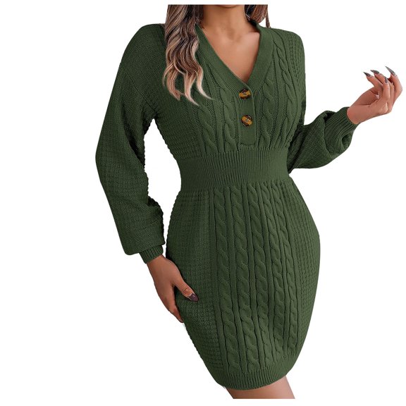 HAPIMO Women's V Neck Button Sweaters Fall Dress Mini Bodycon Dress Solid Color Button Elegant Casual Knitted Fashion Workout Lantern Sleeve Sweatshirts Spring Green L