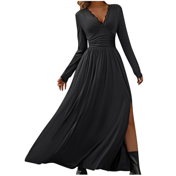 HAPIMO Women's V Neck Fall Dress Tea Length A Line Dress Fashion Workout Holiday Elegant Casual High Waist Solid Color Side Split Long Sleeve Spring Black S