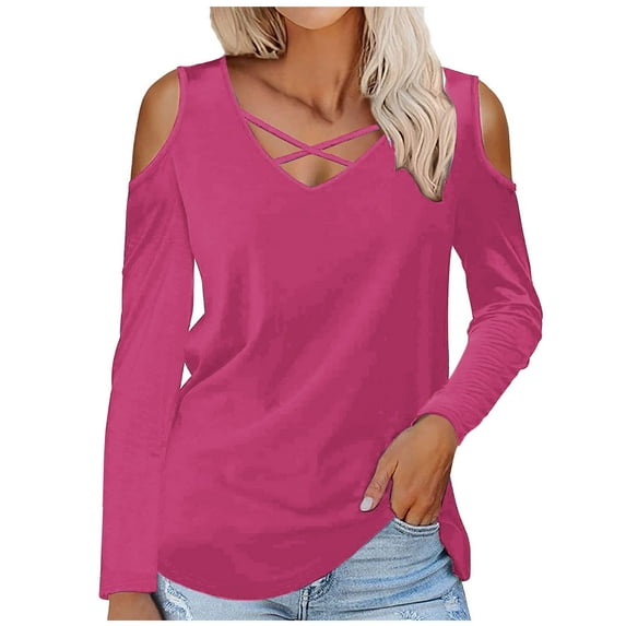 HAPIMO Women's V Neck Shirts Fall Elegant Loose Tops Solid Color Blouses Regular Fitted Casual Cold Shoulder Fashion Long Sleeve Tees Workout Pink XXXL