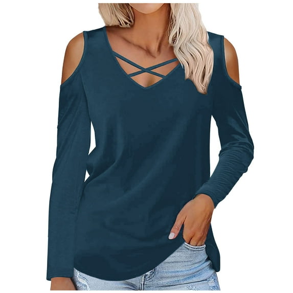 HAPIMO Women's V Neck Shirts Fall Elegant Loose Tops Solid Color Blouses Regular Fitted Casual Cold Shoulder Long Sleeve Tees Fashion Workout Blue M