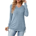 thumbnail image 1 of HAPIMO Women's V Neck Shirts Fall Loose Basic Tops Dressy Tunic Long Sleeve Drawstring Tees Workout Solid Color Blouses Regular Fitted Casual Fashion Blue L, 1 of 7