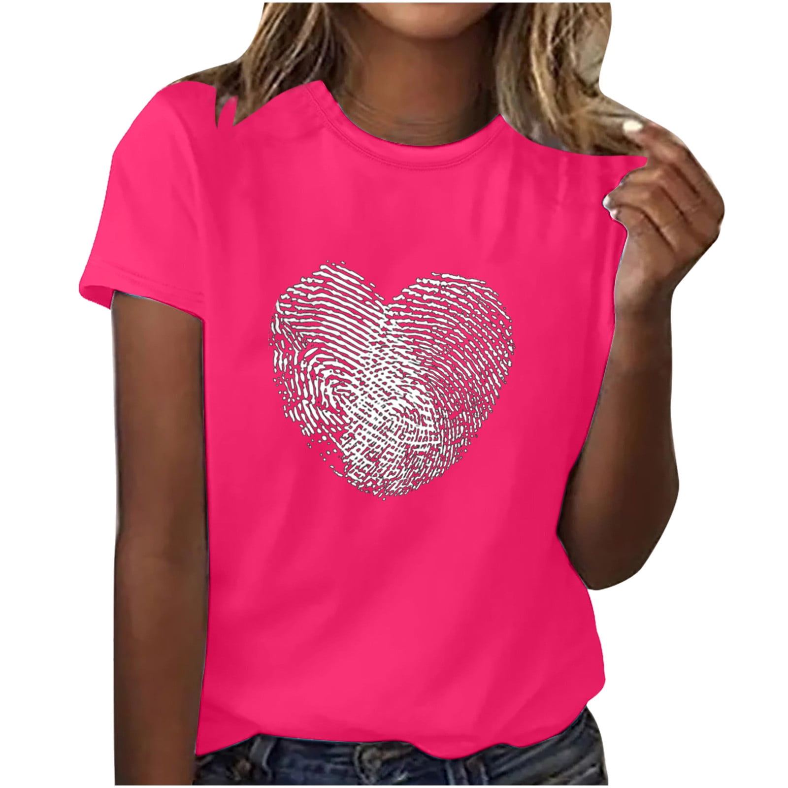 HAPIMO Women's Valentine's Day Shirts Heart Print Tops Short Sleeve Tees  O-Neck T-shirt Comfy Casual Blouses Regular Fit Clothes for Girls Hot Pink  XL