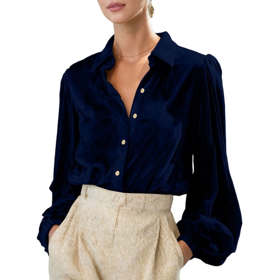HAPIMO Women's Velvet Long Sleeve Blouses Button Down Collared Tops Puff Pleated Cuff Blouses Elegant Working Business Casual Shirts Dark Blue S