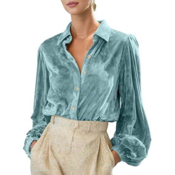 HAPIMO Women's Velvet Long Sleeve Blouses Button Down Collared Tops Puff Pleated Cuff Blouses Elegant Working Business Casual Shirts Light Blue XL