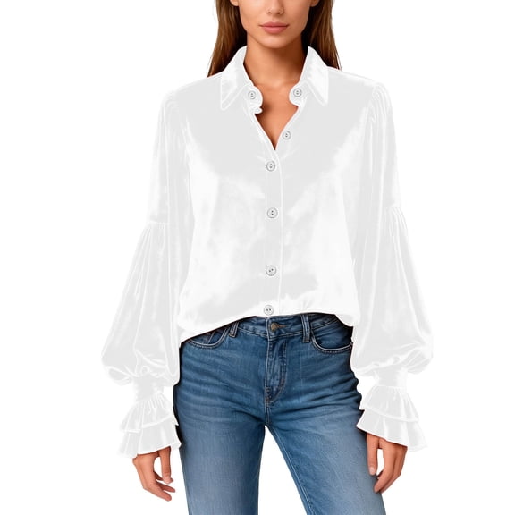 HAPIMO Women's Velvet Tops Long Sleeve Lapel Shirts Ruffled Bell Sleeve Button Down Shirt Retro Elegant Office Casual Tops White S