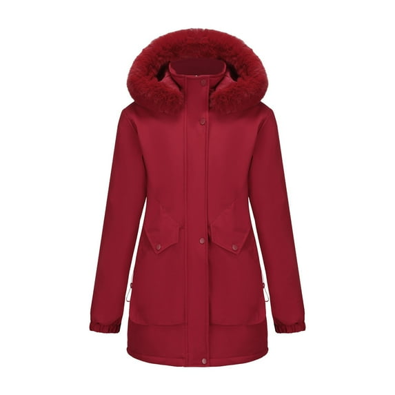 HAPIMO Women's Waterproof Jacket Coats Fall Winter Warm Long Coat Casual Long Sleeve Full Zip Hooded Coat Solid Pocket Outdoor Windbreaker with Faux Fur Trim Hood Wine XXXL