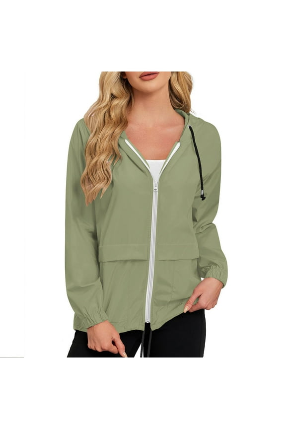 Women's Waterproof Quick Dry Jacket Coat Long Sleeve Full Zip Jacket Outdoor Hiking Workout Coat Lightweight Solid Pocket Jacket with Storage Bag Army Green L