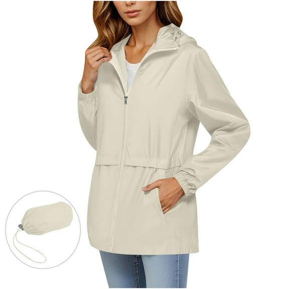HAPIMO Women's Waterproof Rain Jacket Casual Long Sleeve Full Zip Jacket Lightweight Solid Pocket Jacket Coat Fall Winter Clothes with Storage Bag Beige L