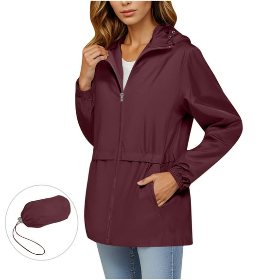 HAPIMO Women's Waterproof Rain Jacket Casual Long Sleeve Full Zip Jacket Lightweight Solid Pocket Jacket Coat Fall Winter Clothes with Storage Bag Wine XXL