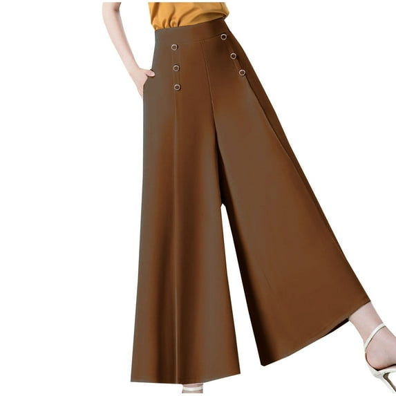 HAPIMO Women's Wide Leg Capri Pants Summer Discount Solid Breathable Sale Leisure Loose High Elastic Waist Fashion Trousers for Girls Brown XXXXL