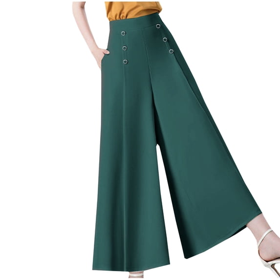 HAPIMO Women's Wide Leg Capri Pants Summer Discount Solid Breathable Sale Leisure Loose High Elastic Waist Fashion Trousers for Girls Green XXL