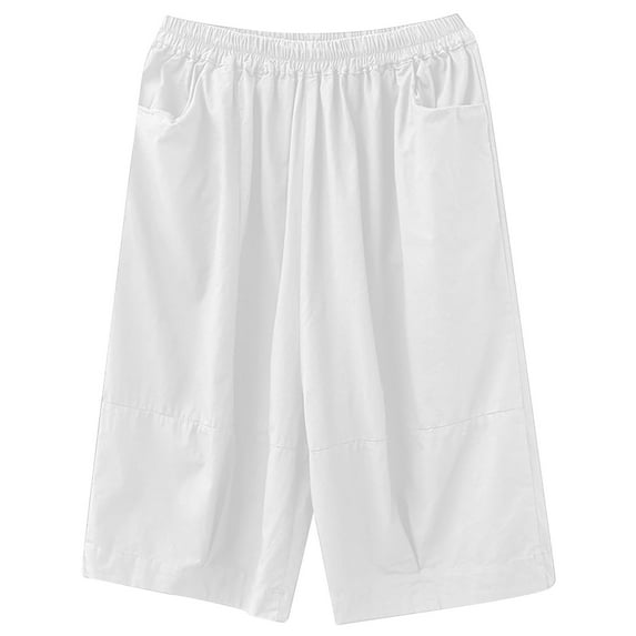 HAPIMO Women's Wide Leg Cotton Linen Capri Cuff Pants Summer Discount Elastic Waist Sale Solid Trousers for Girls Leisure Workout Sports Loose Fashion Comfy White XL