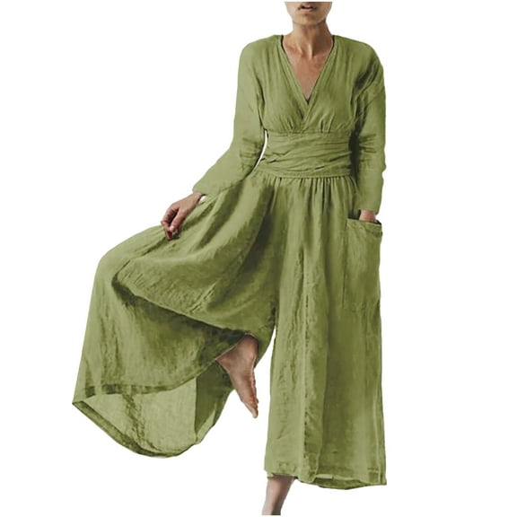 HAPIMO Women's Wide Leg Cotton Linen Jumpsuit Relaxed Solid Button Short Sleeve Lapel Trousers Fashion Fit Casual Daily Green XL