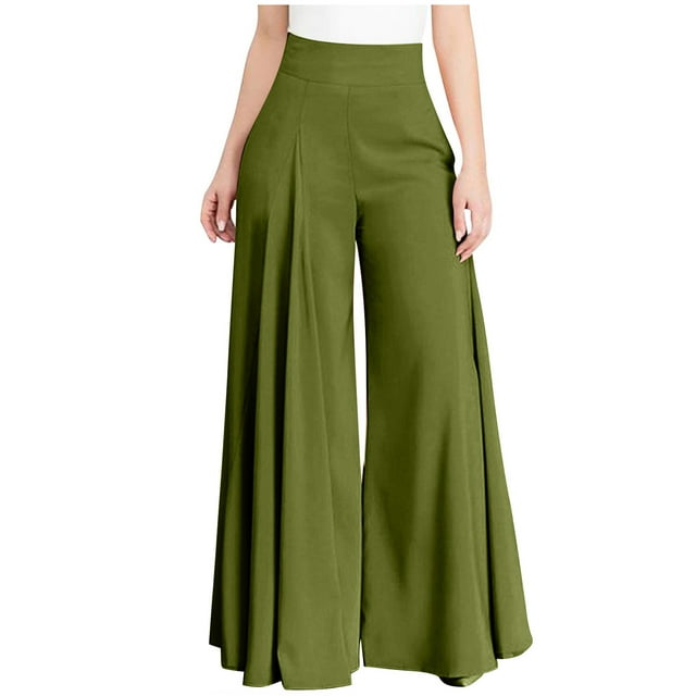 HAPIMO Women's Wide Leg Cuff Pants Summer Solid Pleated Comfy High Elastic Waist Trousers for Girls Leisure Workout Sports Loose Green M