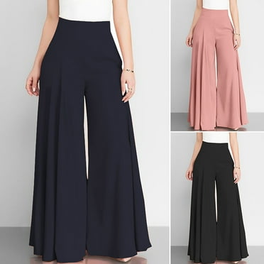 HAPIMO Women's Wide Leg Flare Pants Summer Elastic Waist Comfy Trousers for Girls Leisure Workout Sports Loose Solid Elegant Navy S