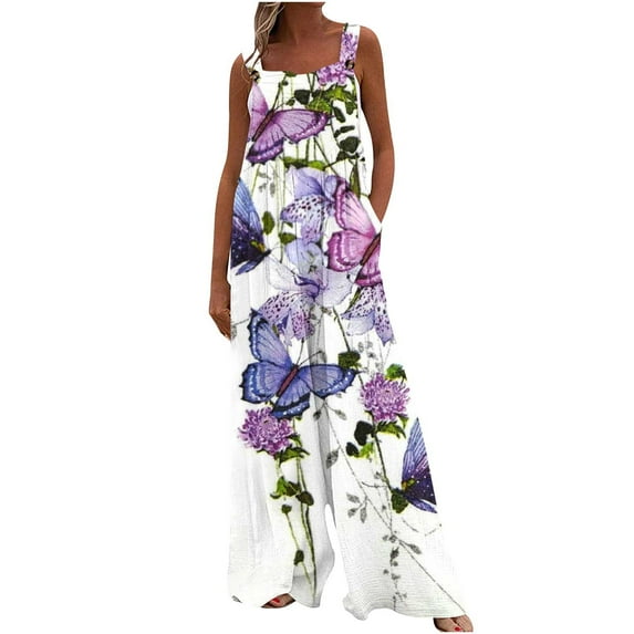 HAPIMO Women's Wide Leg Jumpsuit Overalls Relaxed Sleeveless Square Neck Trousers Fit Casual Daily Button Fashion Vintage Floral Purple S