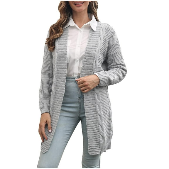 HAPIMO Women's Winter Outfits Solid Color Midi Coat Casual Cardigans Fashion Open Front Fall Long Sleeve Outwear Loose Knitted Jackets Gray S