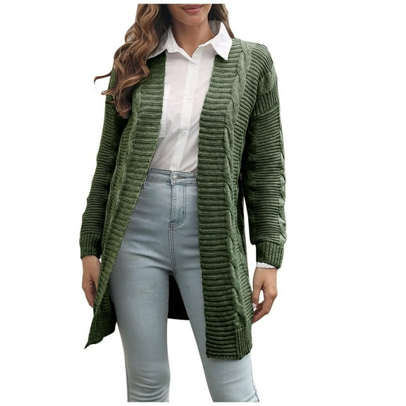 HAPIMO Women's Winter Outfits Solid Color Midi Coat Casual Cardigans Fashion Open Front Fall Loose Knitted Jackets Long Sleeve Outwear Green M