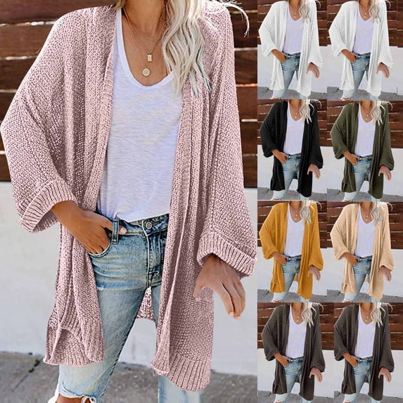HAPIMO Women's Winter Outfits Solid Color Midi Coat Open Front Cardigans Fall Long Sleeve Outwear Casual Sweaters Fashion Loose Knitted Jackets Green L