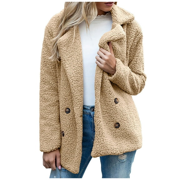 HAPIMO Women's Winter Soft Fleece Coat Turn Down Collar Button Long Sleeve Outwear Double Breasted Midi Peacoat Trench Coats Casual Warm Cardigans Fashion Yellow XXL
