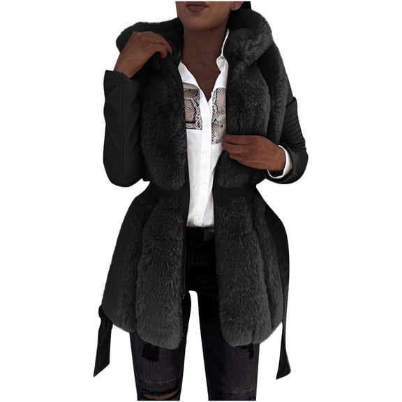 HAPIMO Women's Winter Warm Hooded Coat Soft Comfy Faux Fur Coat Long Sleeve Zip Up Solid Coats Fall Winter Casual Thick Warm Outerwear Black XL