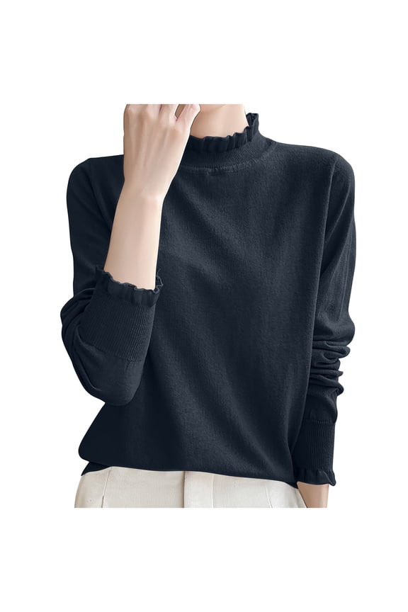 Women's Wool High Neck Sweater,Solid Color Long Sleeve Soft Knitted Pullover Tops Bottoming Shirt Slim Basic Tops Ruffle Black M