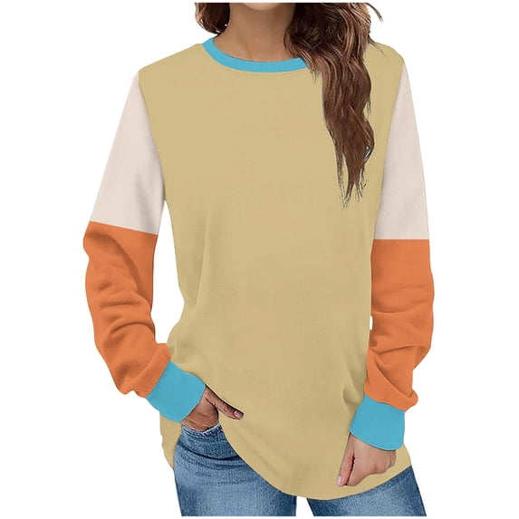 HAPIMO Women's Workout Color Block Tops Loose Shirts Vacation Casual Dressy Tunic Long Sleeve Sweatshirts Outfits Fashion Round Neck Pullovers Yellow M